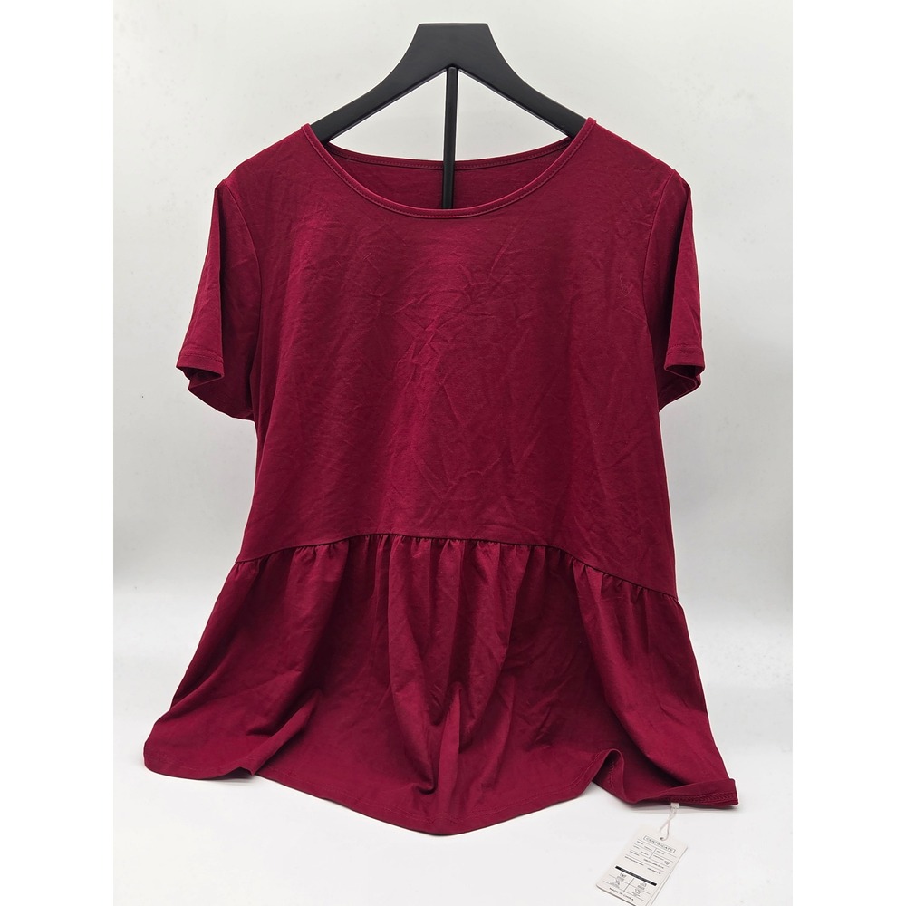 Hibluco Women's XXL Burgundy Peplum Ruffle Hem Short Sleeve Top NWT